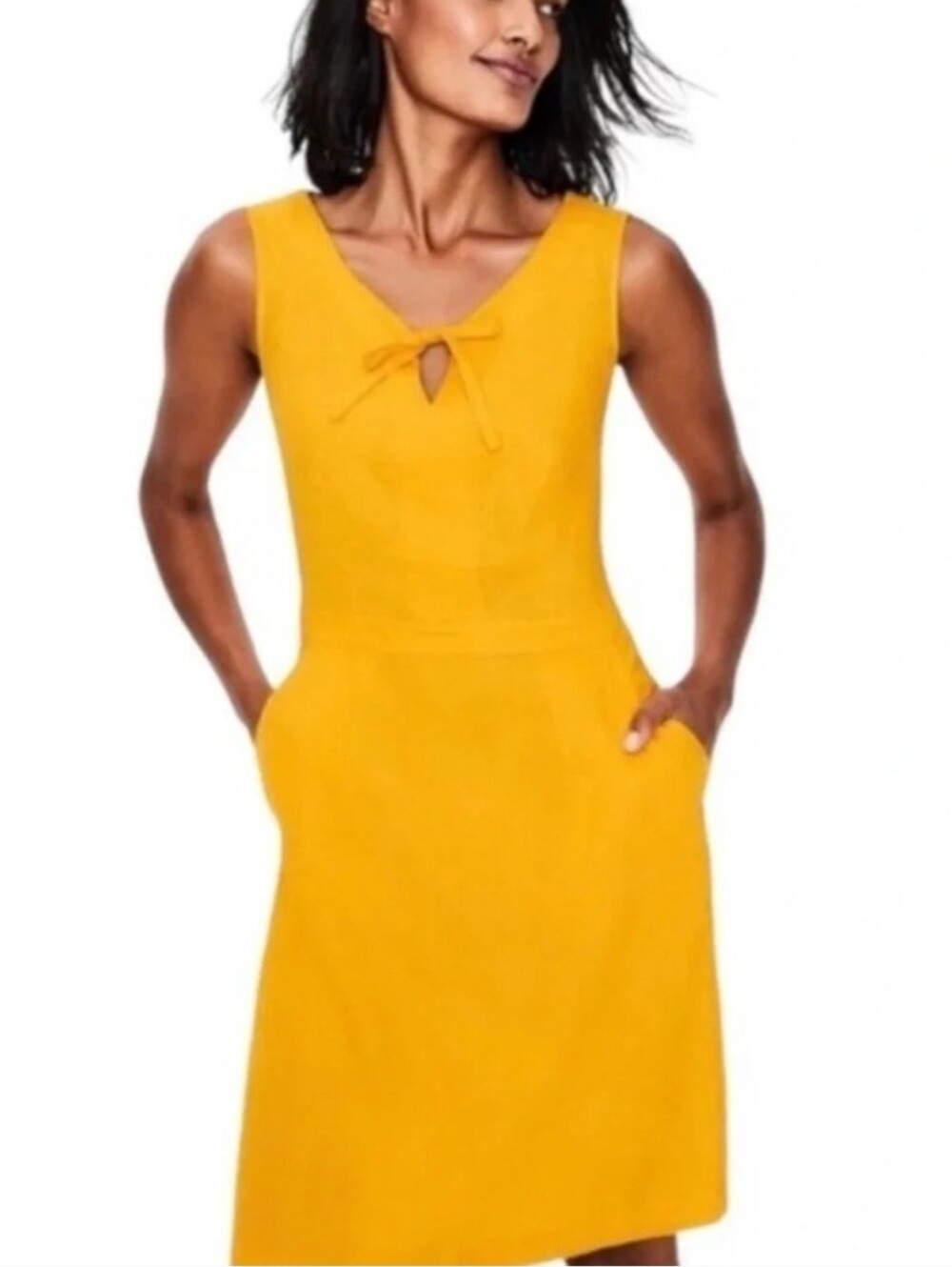 Boden Yellow Summer Sleeveless Tie-Front Linen-Blend Dress 10R